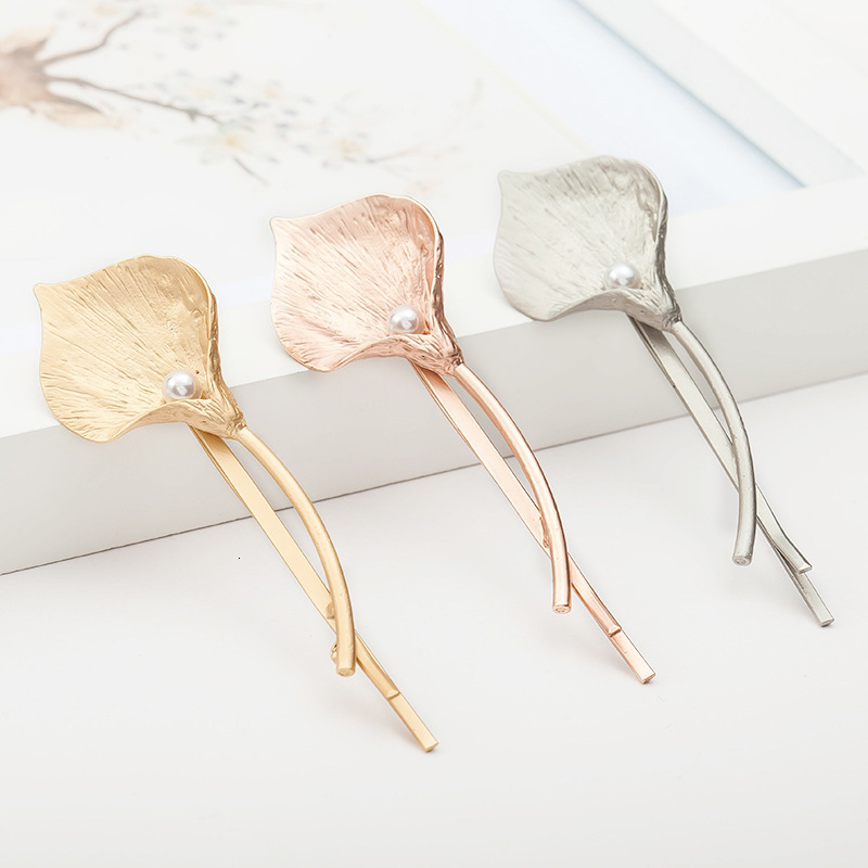 Korean Fashion Accessories Simple Lady Metal Flower Bangs Calla Lily Pearl Hair Clip