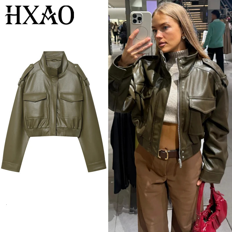 HXAO Green Pu Leather Jacket Woman Autumn Fashion Bomber Cropped ZipUp Long Sleeve Coats Chic Turtleneck Pocket Outerwears 251023