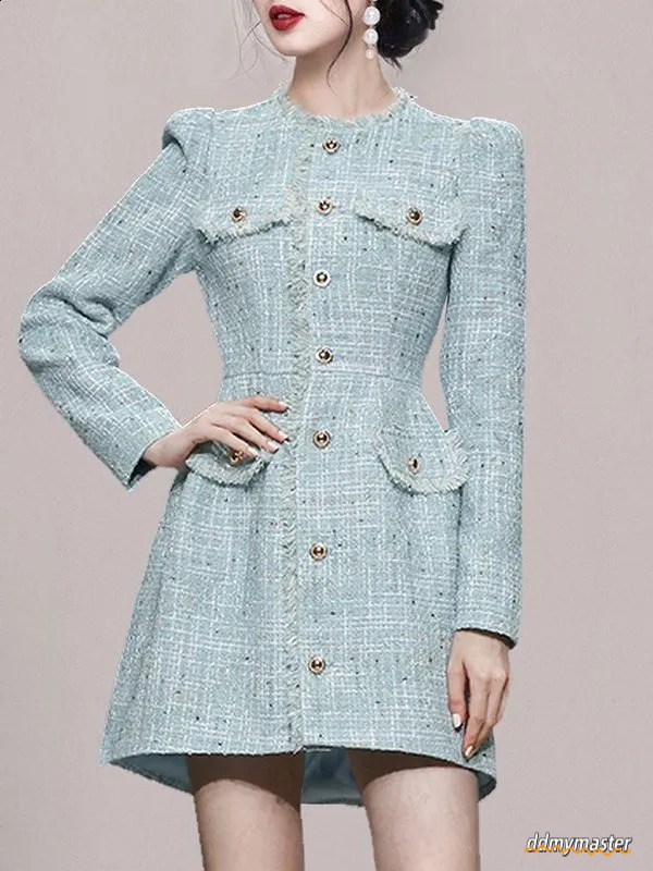 Womens Autumn And Winter Pullover Round Neck Panel Button Solid Color Slimming Mid Length Flower Tweed Long Sleeved Dress 240824 Ddmymaster