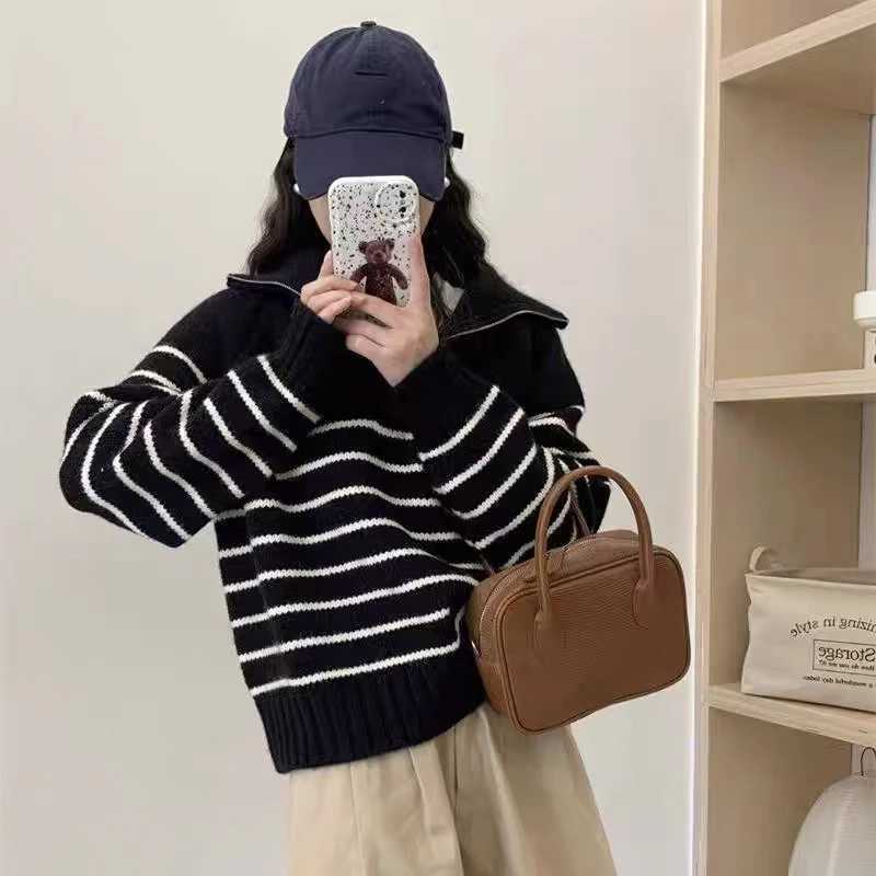AutumnWinter New Korean Striped Knitted Pullover Womens Casual Loose Short Sweater Fashion Half Zipper Long Sleeve KnitwearT251025