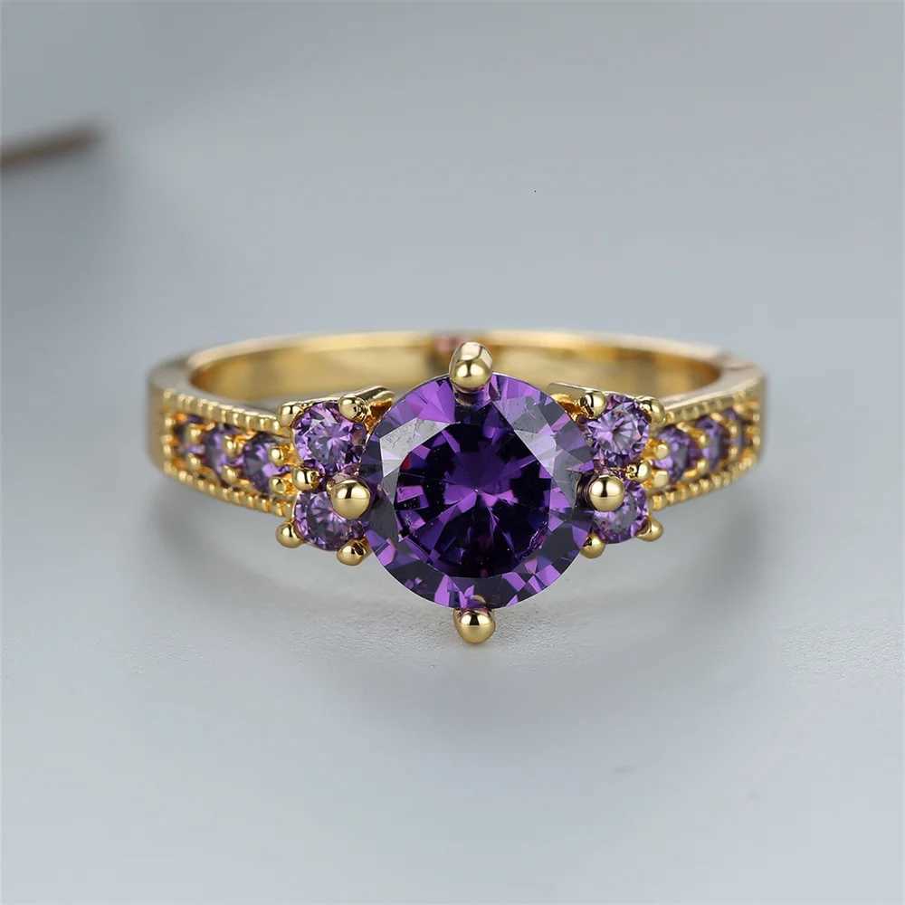 Purple Crystal Round Stone Engagement Rings For Women Vintage Gold Color Wedding Band Charm Birthstone Jewelry Fashion AccessoryXJ251025