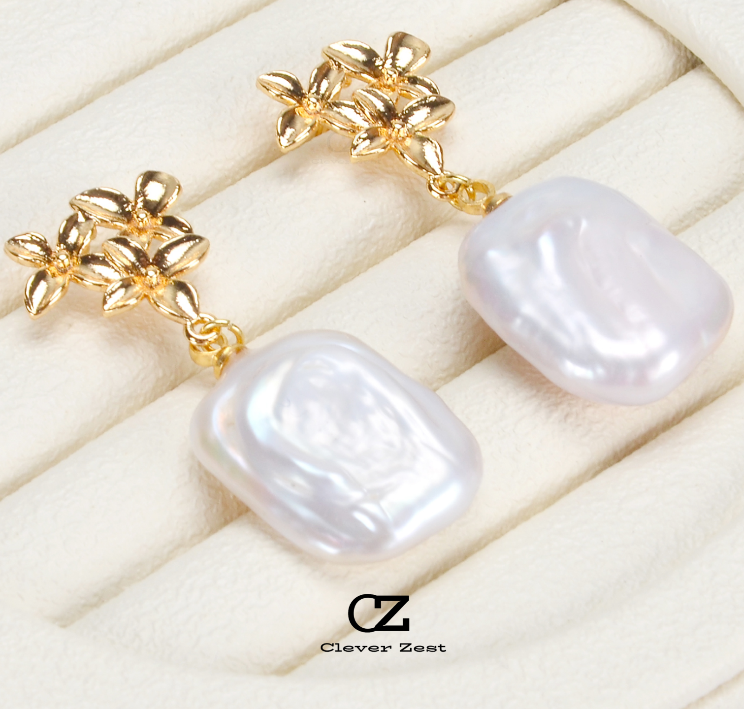 Natural White Square Baroque Flower Earrings 14K Gold-Filled Fashionable and Versatile Trendy Anniversary Gift Best Friend Gift