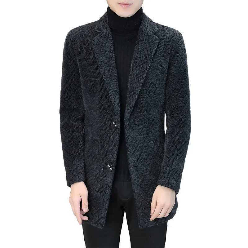 New Mens Fashion Slim Casual British Style Elegant Korean Version Slim Host Golden Eagle Velvet Thick Warm Medium Long CoatT251025