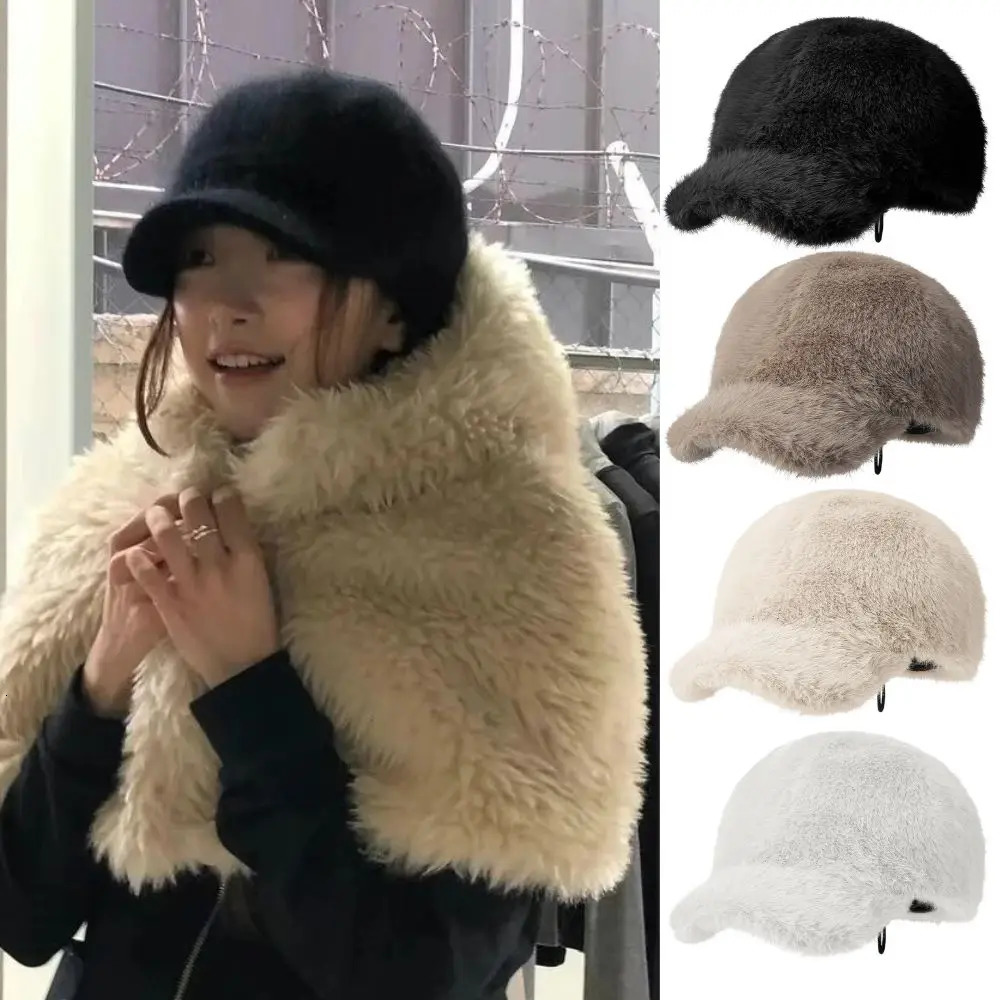 Faux Fur Baseball Cap Solid Color Warm Plush Thick Adjustable Outdoor Warm Winter Cap Soft Fluffy HipHop Hat Visor Peaked Hat 251023