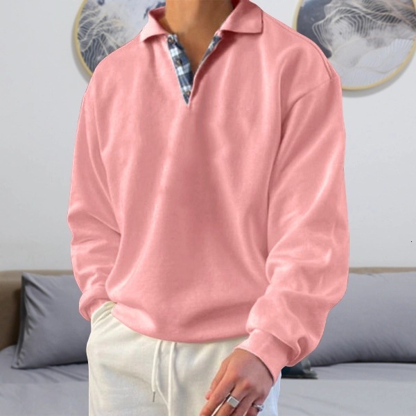 2025 Autumn Long Sleeve V-neck Turn-down Collar Loose Sweatshirt Men's Fashion