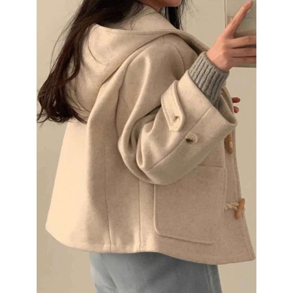 Chic Ort Women S Woolen Coat Autumn Winter Button Up Hat Design Korean Sle Commute Pure Color Long Sve Straight Cut