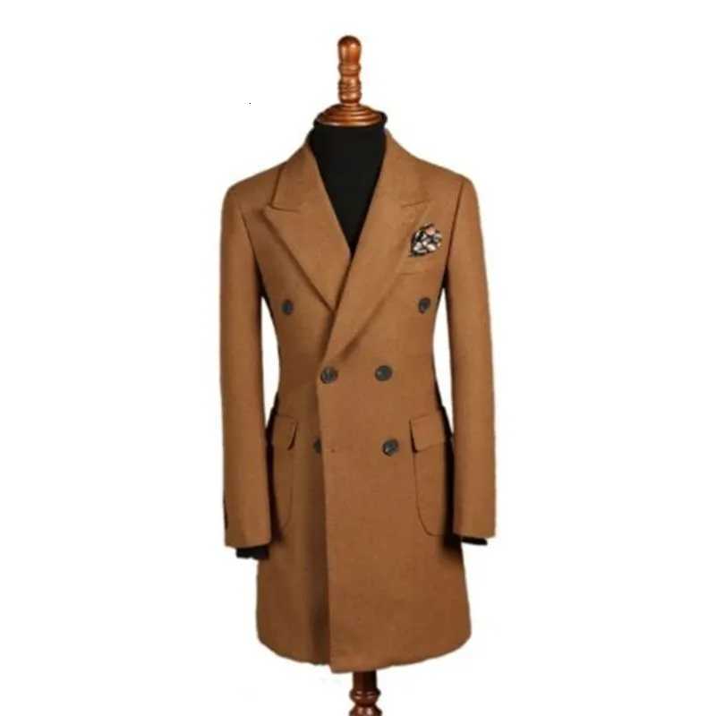 Men Wool Overcoat Doublebreasted 6 Button Peak Lapel Suit Long Outwear Jacket Customized Fashion Brown Long CoatT251025