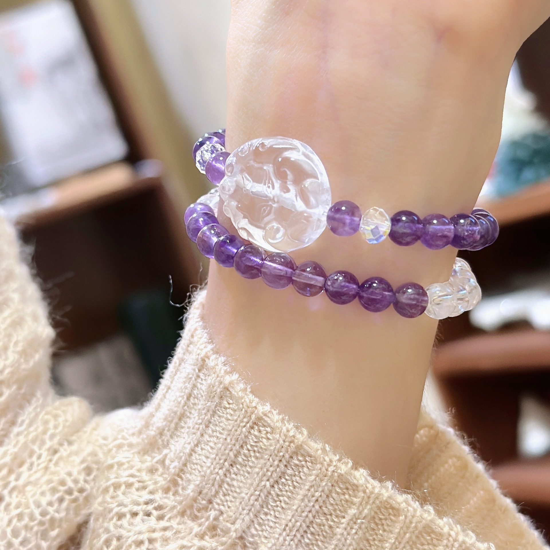 Chakra Balancing Handmade Bracelets Featuring Genuine Amethyst & Clear Quartz