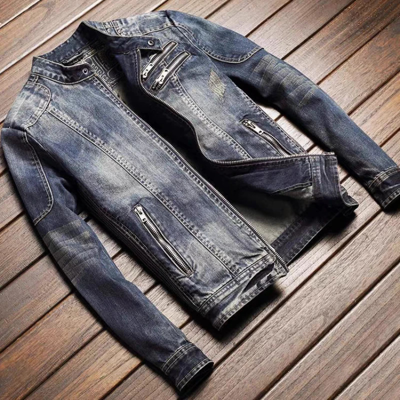 Mens Retro Denim Jacket Casual Oversized Stand Up Collar Zippered Cycling Motorcycle Coat Trend Loose Fit Top 251017