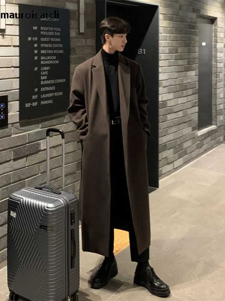 Mauroicardi Autumn Winter Long Casual Brown Black Soft Thick Warm Woolen Coat Men Sashes Luxury Designer Plus Size Overcoat 5XLT251025
