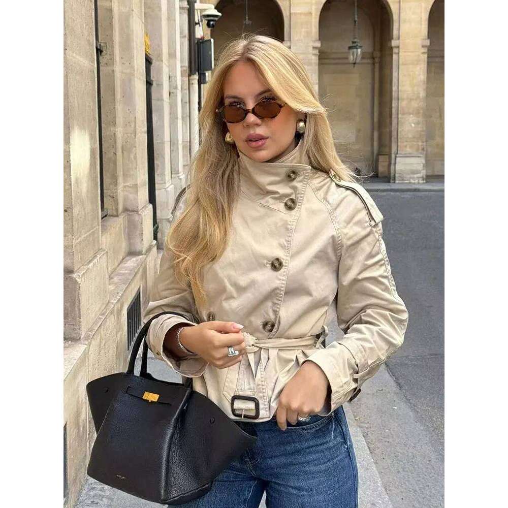 HH Women Vintage Solid Belt Trench Coat Windbreaker Double Breasted Long Sleeve Jackets Autumn Fashion High Street Lady Outwear