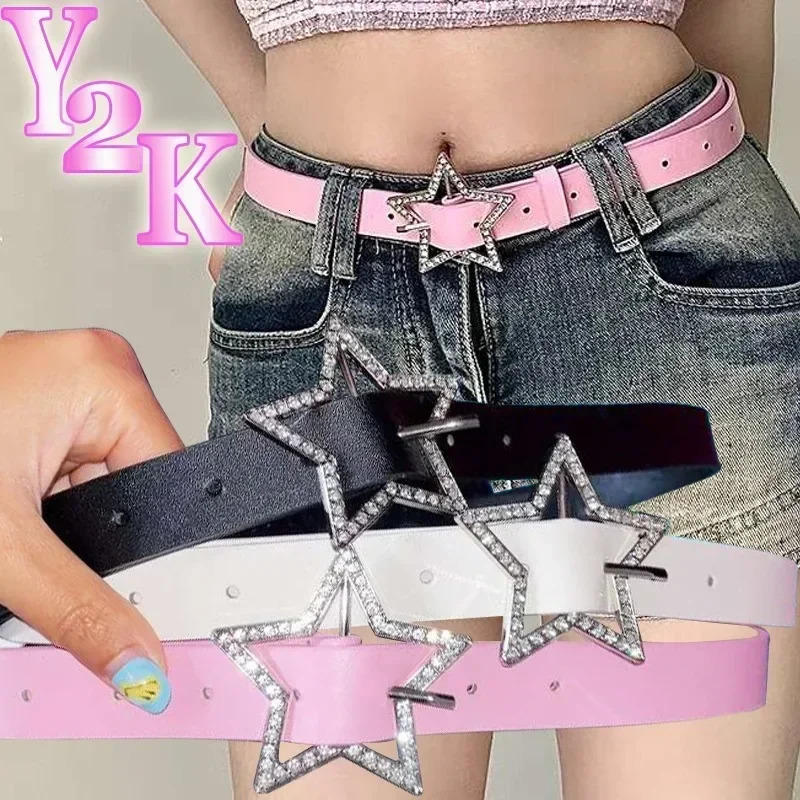 Y2K Star Buckle Belt Pink Leather Elastic Binding Embellished Waistband Sparkling Rhinestone Retro Bride Decoration Accessories 251024