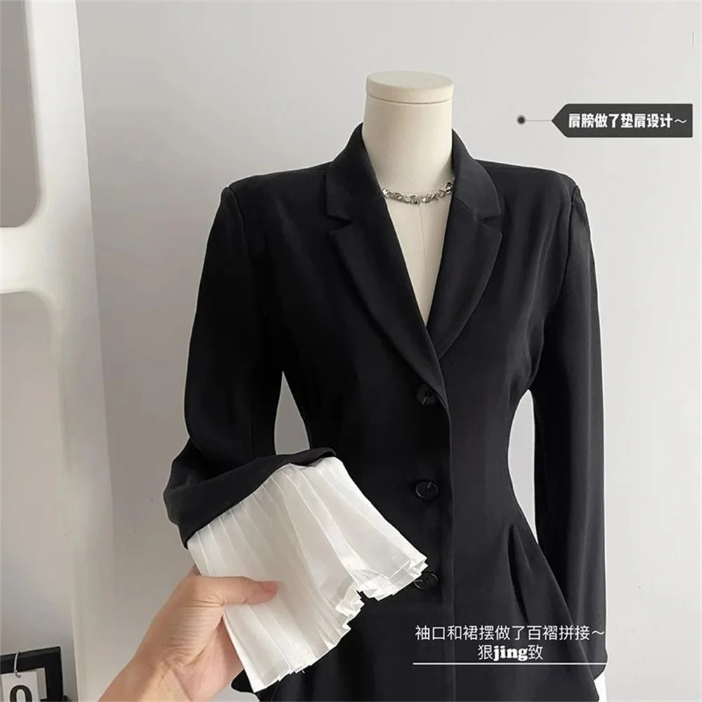 Black White Patchwork Blazer Pleated Spliced Dresses For Women Clothing Spring Autumn Fashion Blazer Coat Aline Dress 251024