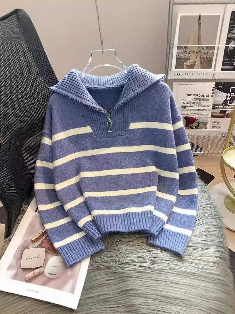 2025 New Hong Kong Style Retro Knitted Ribbed Jacket for Women Autumn and Winter New Loose Zipper Sweater HalfZipT251025
