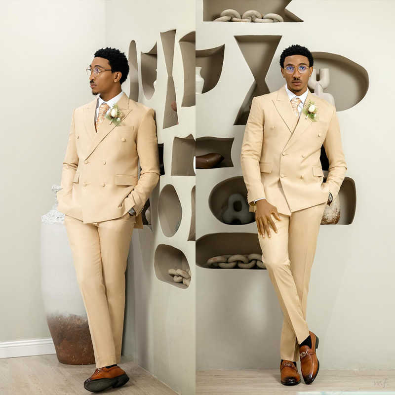 2-piece beige lapel men's suit summer fashion double breasted formal dress smart casual wedding jacket+pants