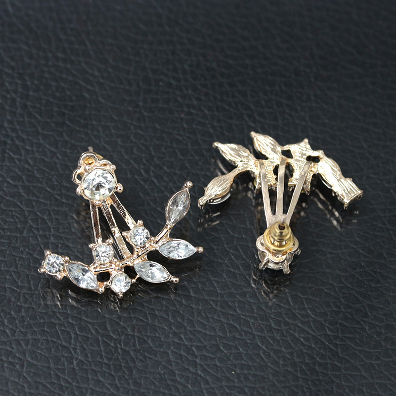 Korean fashion Women's Accessories Crystal Leaf with Inlaid Dias Branch Hanging Zircon Earrings