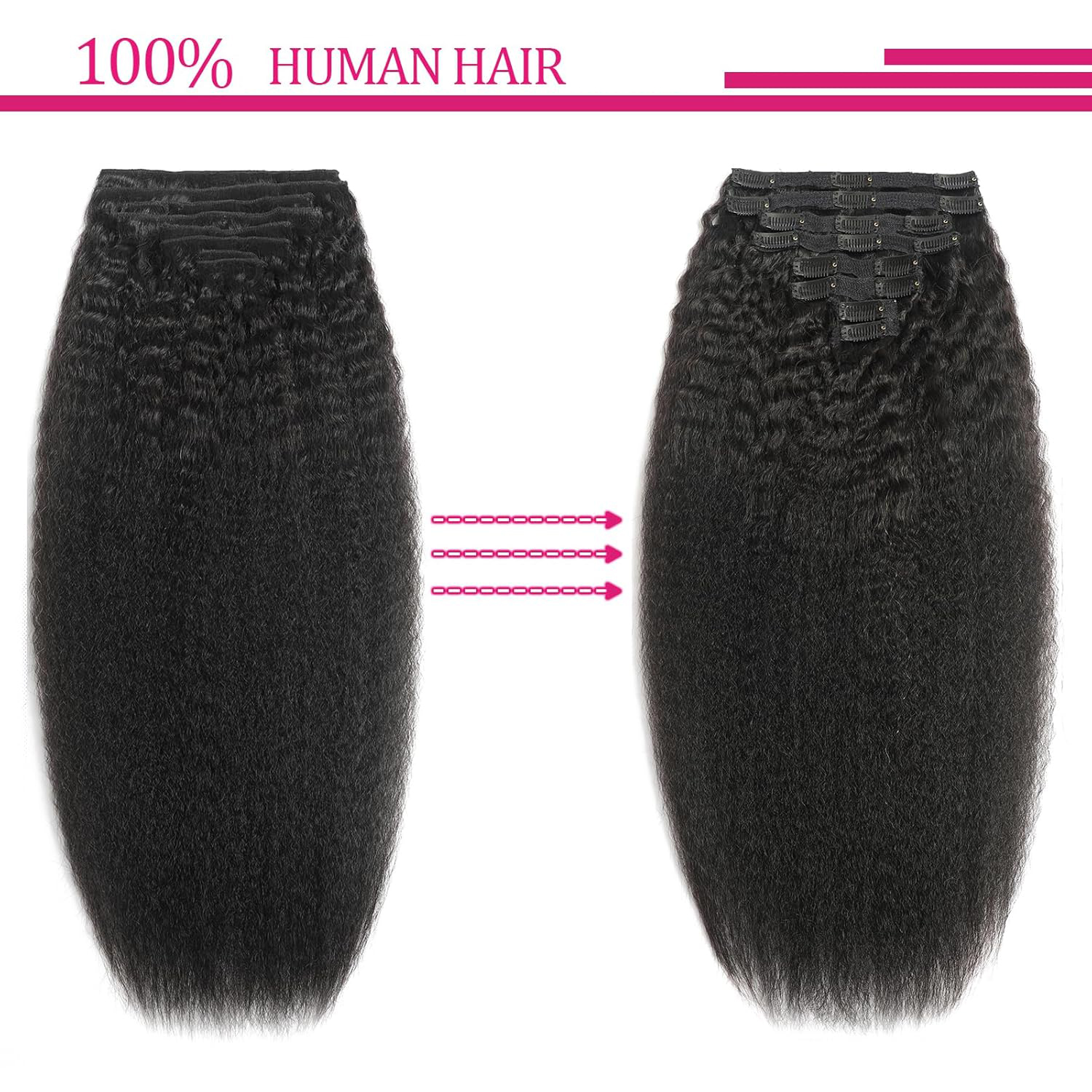 Kinky Straight Clip Ins Human Hair Double Weft 8-30 Inch 90-150g 8pcs Natural Black Real Hair