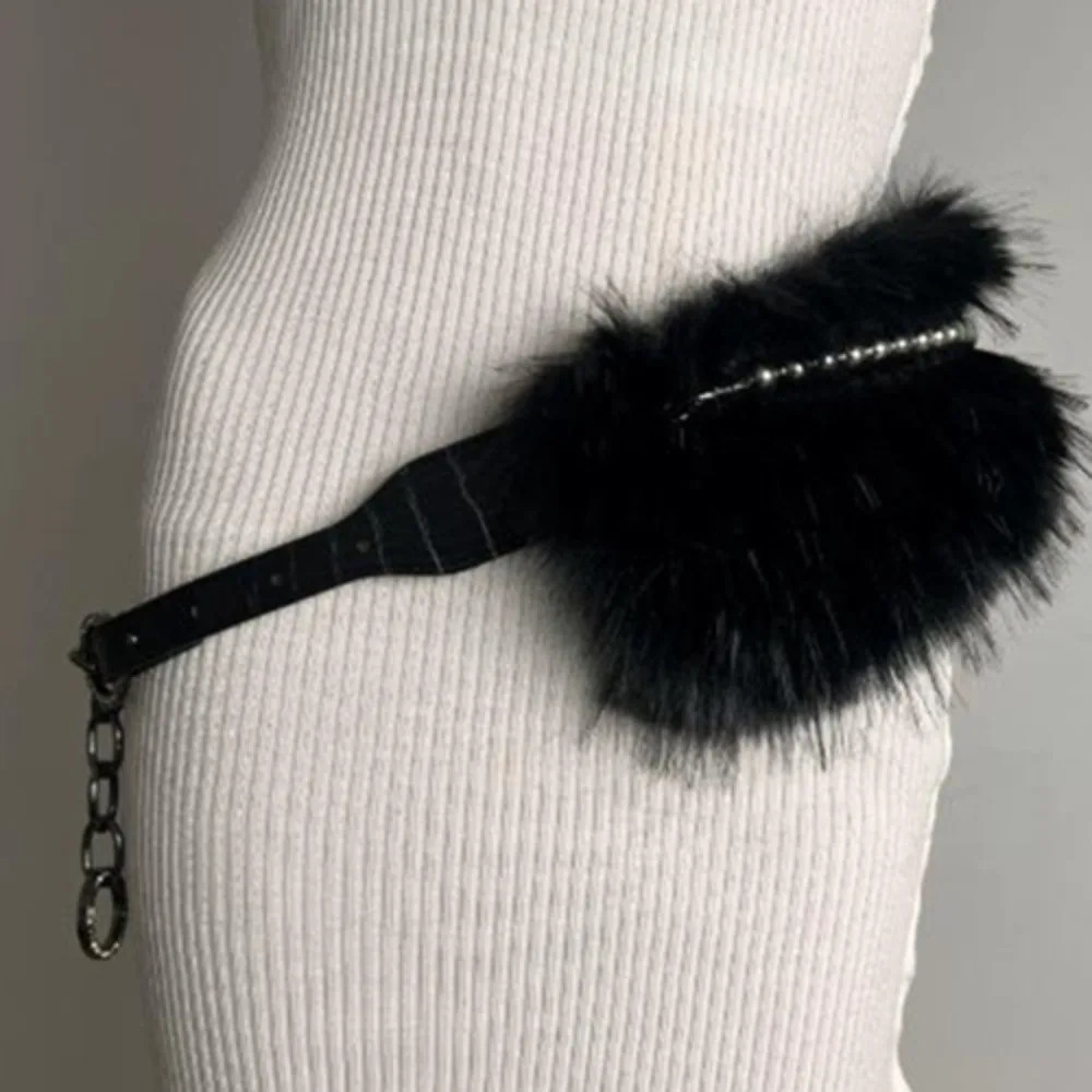 Vintage Y2K Leather Fur Belt Rhinestone Punk Furry Waistband Versatile Jeans Decor Plush Waist Belt FemaleGirls 251024