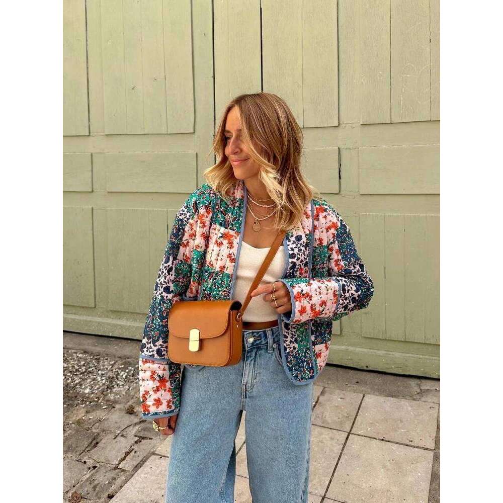 New Autumn Vintage Print Patchwork Cotton Woman Coats Casual Loose Full Sleeve Short Jackets Winter Female Outerwear