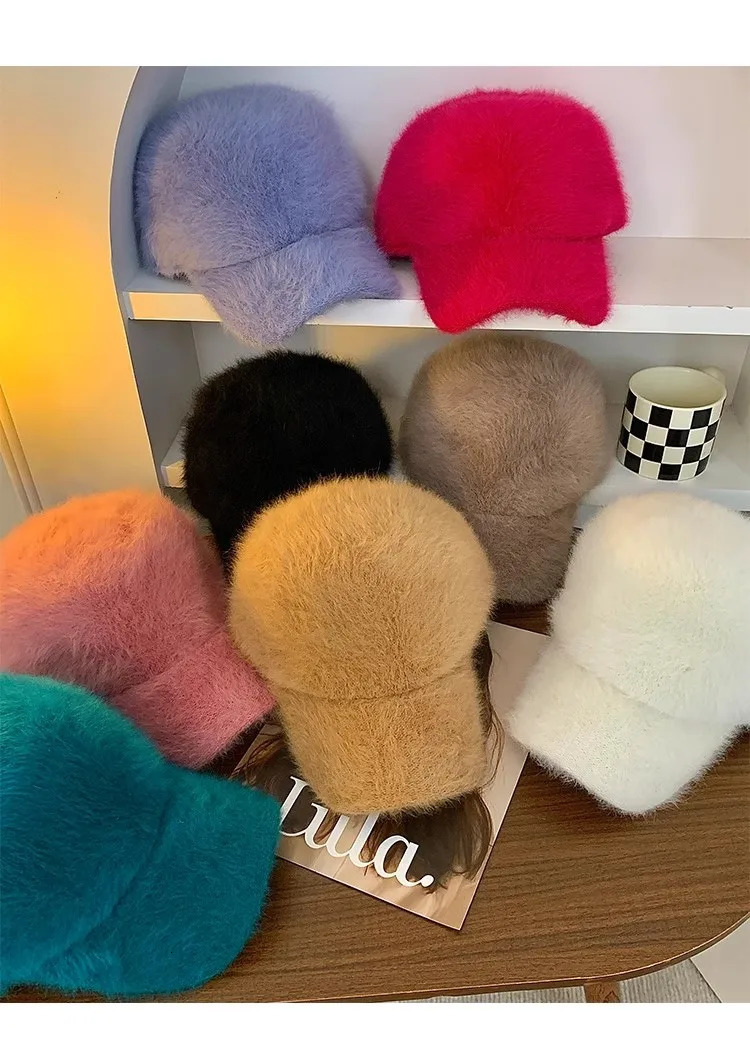 Rabbit Hair Baseball Hat Winter Solid Color Warm Duck Tongue Hat Womens Autumn and Winter Plush Cold and Sunshade Hat 251023