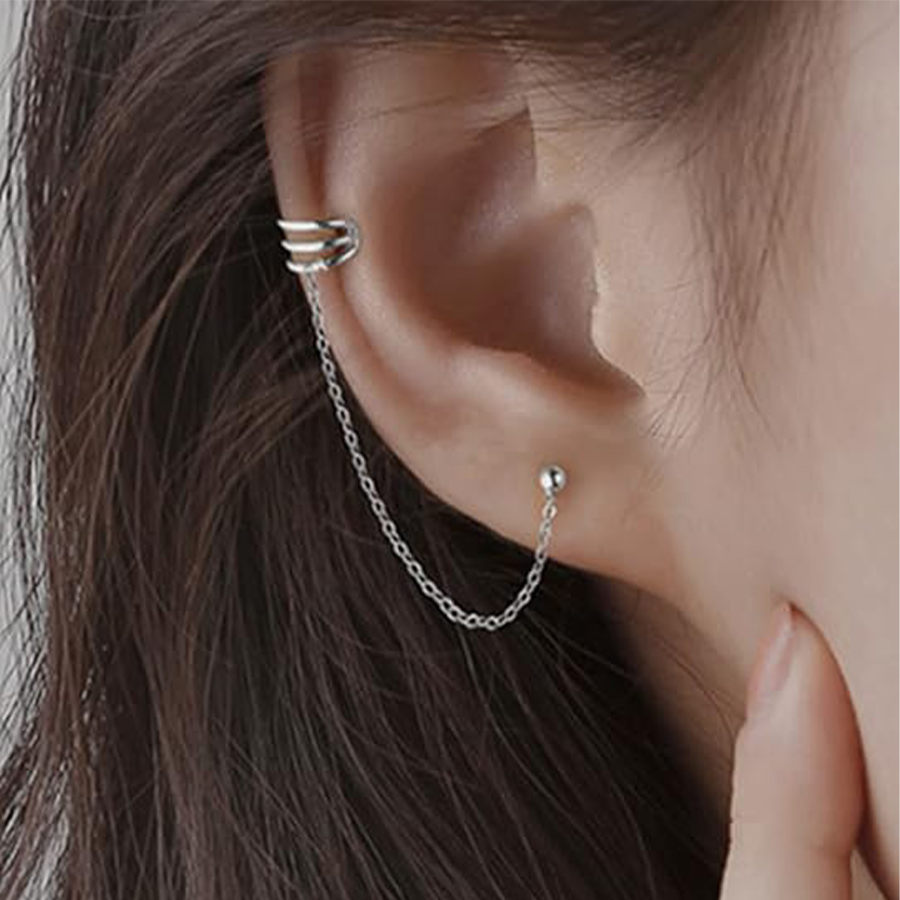 6 Pairs Cuff Earrings Chain Drop Dangle Earrings with CZ Inlaid Wrap Threader Tassel Earrings Cartilage Double Piercing Holes Stainless Steel Earring 