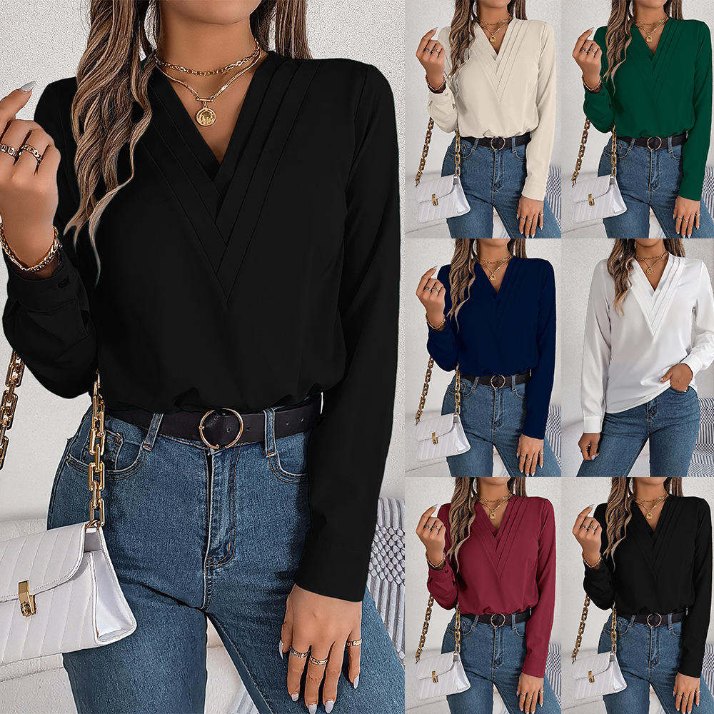 2025 New VNeck Long Sleeve Shirt Fashion Sexy Solid Color Elegant Top for Women