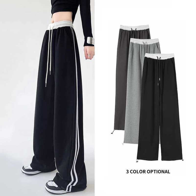 Spring Women Classic Stripe Sweatpants Lady High Waisted Designer Sports Trousers Female Daily Elastic Lace Up Wide Leg PantsT251025