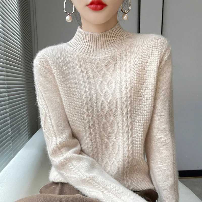 New Spring Knitted Pullovers Half High Collar Loose Thick Warm Sweater For Women Vintage Autumn Winter Mother Bottoming TopT251025