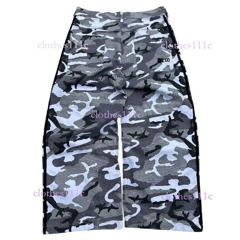 HCW Y2k Clothes Men Women Hip Hop Retro Tactical Camo Stripe Embroidered Baggy Jeans Low Rise Wide Leg Trouser