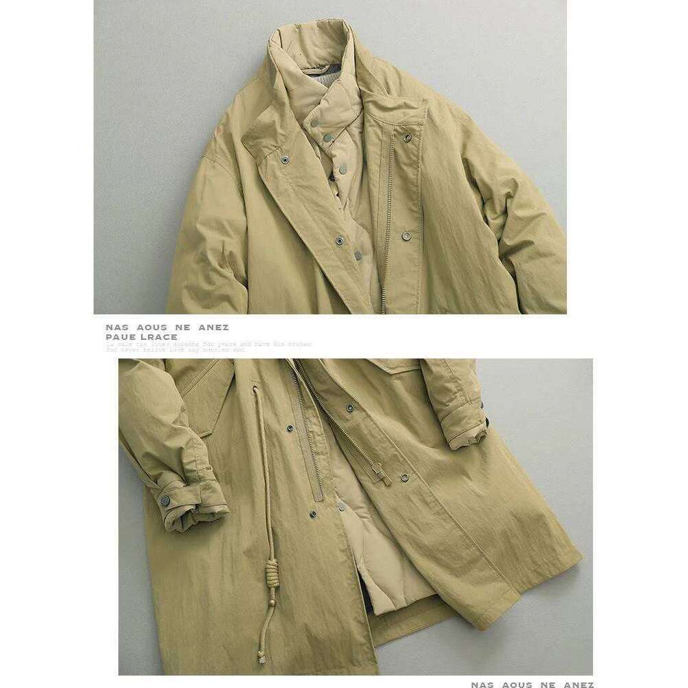 2025 New Cotton Padded Parka Army Green Vintage Fake Two Piece Stand Collar Long Jacket Drawstring Big Pocket Coat Women Coats Designer Women