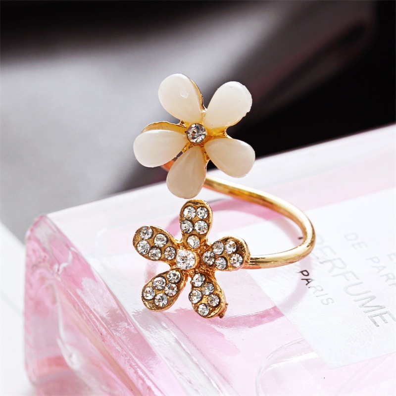 New Cat's Eye Stone Open Version Micro Pave Five-Leaf Flower Ring Korean Trendy Jewelry