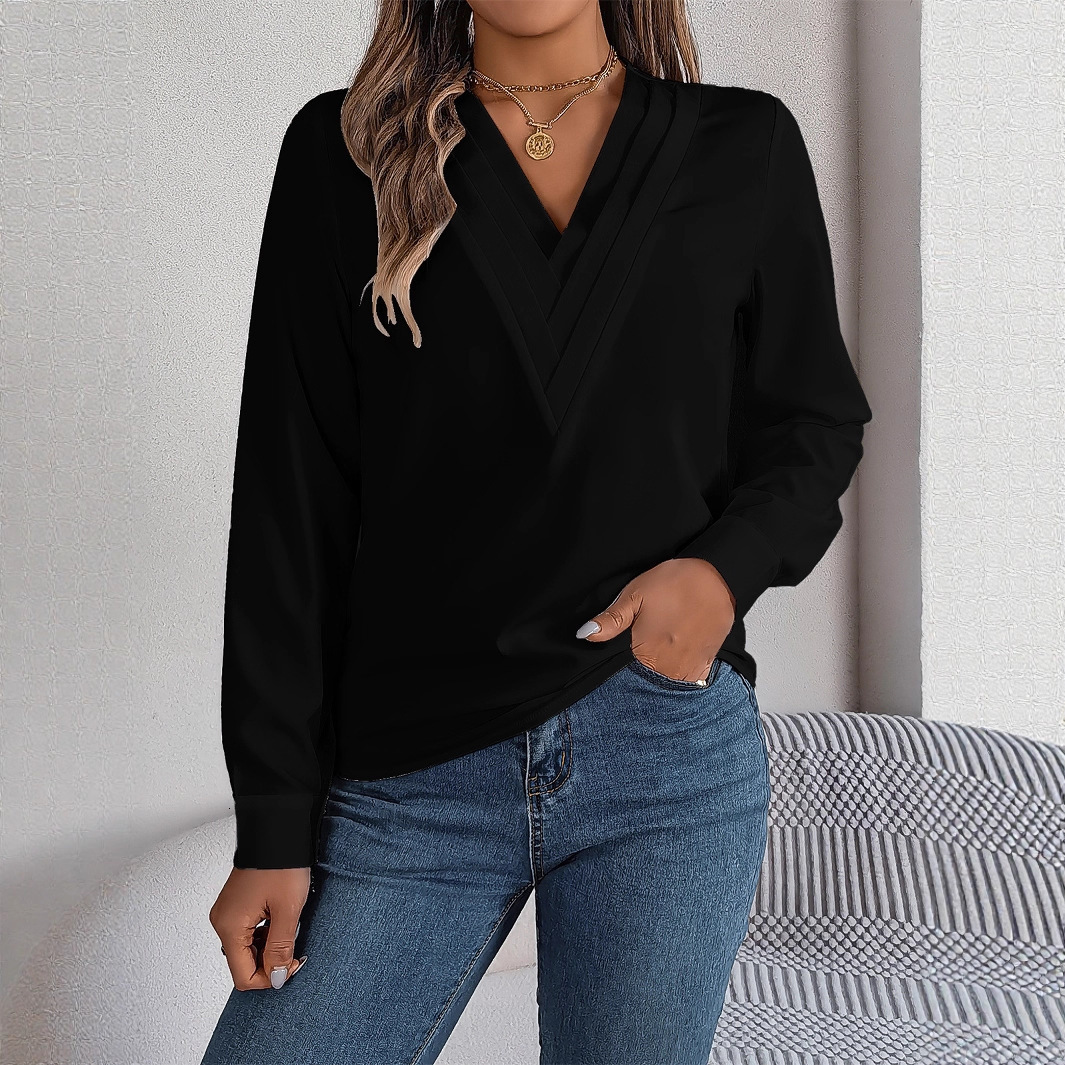 2025 New VNeck Long Sleeve Shirt Fashion Sexy Solid Color Elegant Top for Women