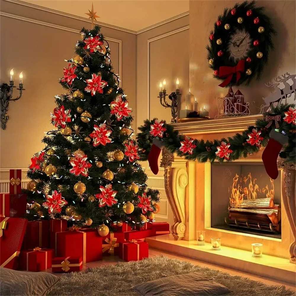 510pcs 145cm Christmas Flower OrnamentsPinkRedGoldGlitter Artifical Flowers For Christmas TreeXmas Decoration For Home C251024