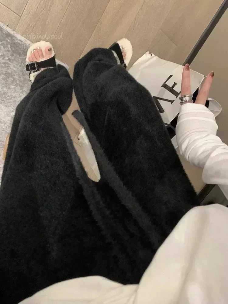 Soft Waxy Mink Wool Knitted Wideleg Pants Womens Autumn and Winter Thick Slouchy Floor Length Pants koreanT251025