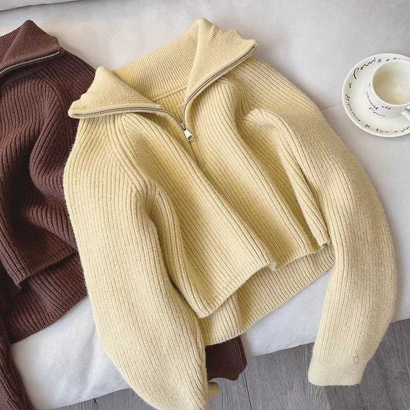 2024 Autumn New Korean Style Versatile Basics Halfzipper Loose Lapel Winter Longsleeved Lazy Sweater Pullover TopT251025