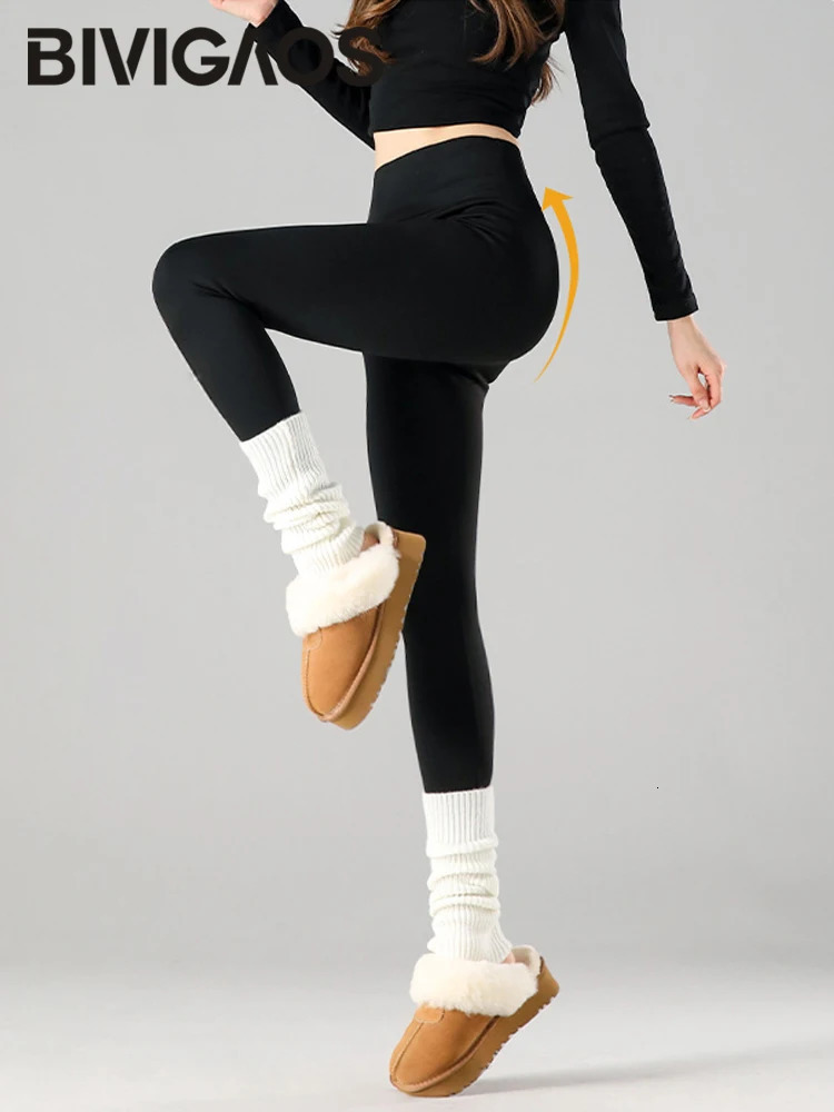 BIVIGAOS 2025 Autumn Winter Rabbit Fleece Thicken Sharkskin Leggings Women Basic Casual High Waist Velvet Warm Leggings 251018