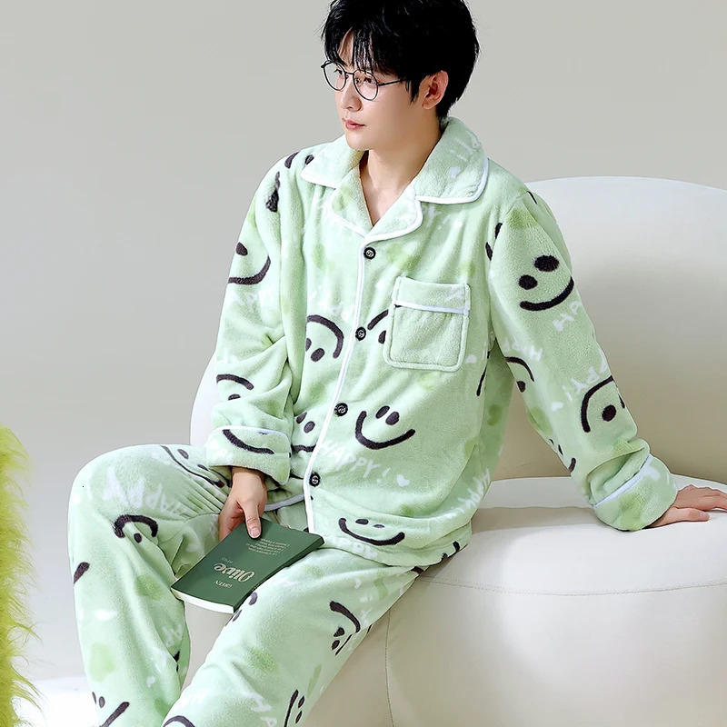 Cartoon Winter Pajamas Mens Open Cardigan Thiened Flannel Home Clothes Warm Spwear Long Sve Long Pants for Youth 251021