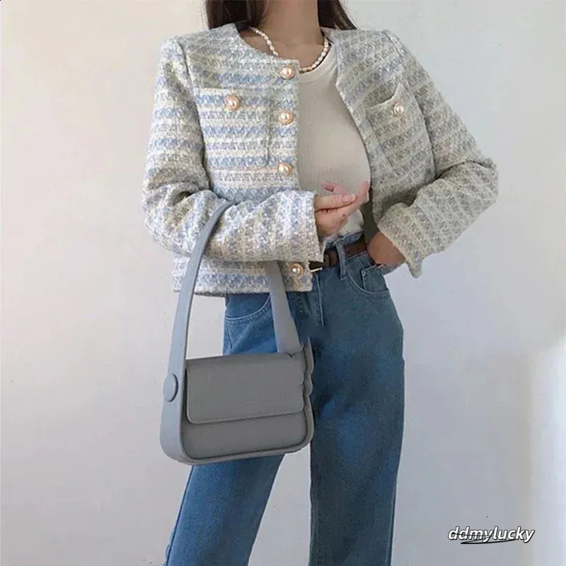 Cropped Cardigan: Elegant Single-Breasted Autumn/Winter Pearl Button Long Sleeve Outwear Top - Perfect For Chic Style, Ladies Blue Tweed Jacket Ddmylu