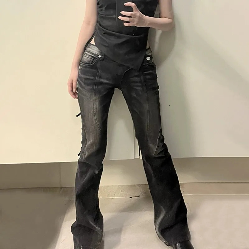 Karrram Vintage Distressed Low Waist Jeans Grunge Asymmetrical Waist Denim Pant Korean Fashion Black Flare Jeans Kpop Streetwear 251023