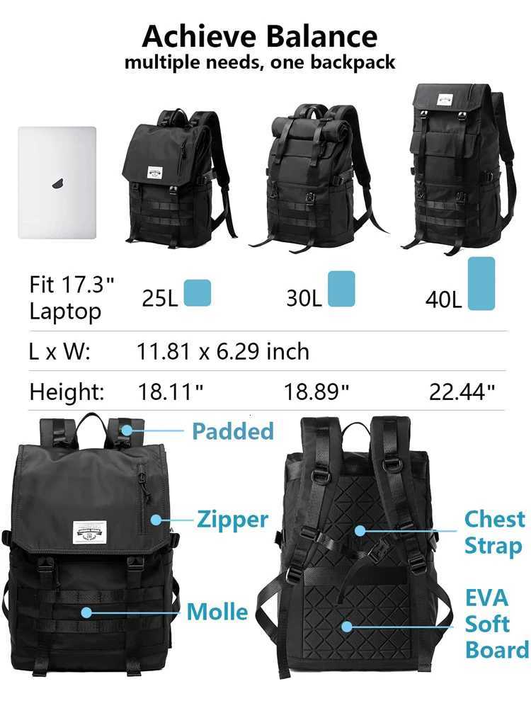 Roll Top Backpack for Men Water Resistant Expandable 173 inch Laptop Backpack for Commute Travel 40 Max Liter Rucksack W251025