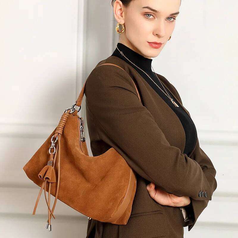 Winter High-End Frosted Cowhide Women's Tassel Handbag Matte Suede Leather Female Shoulder Bag For Work Travel Purses 251023 1025