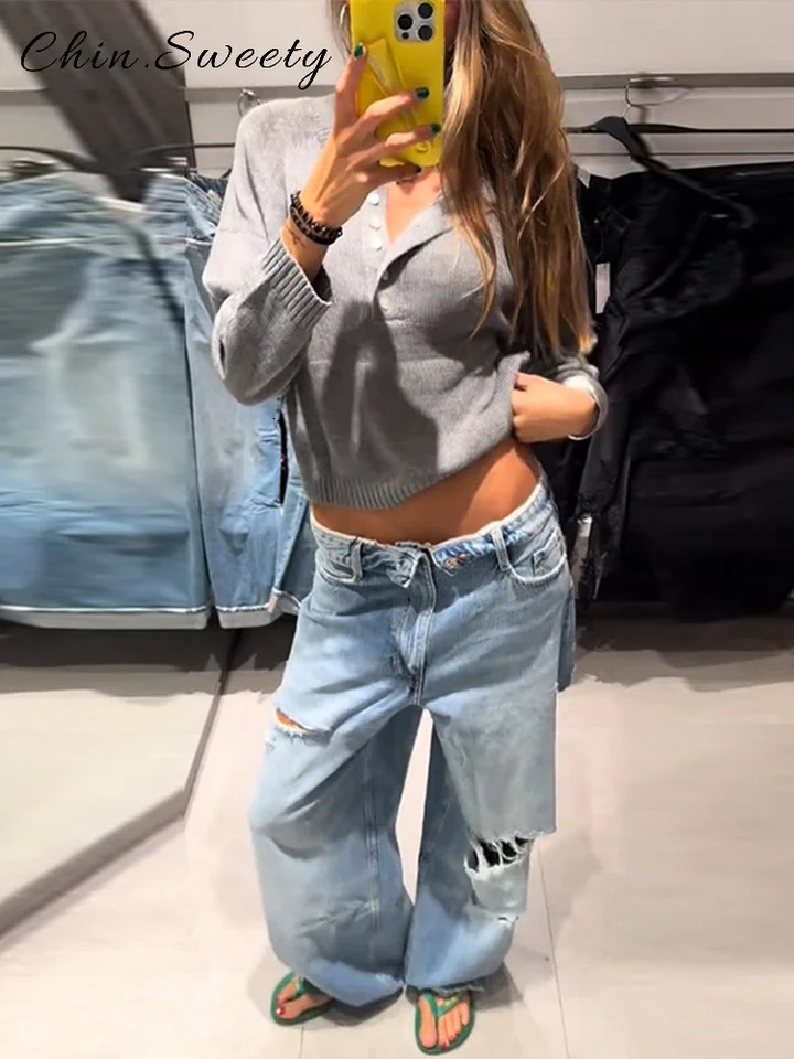 Chic Womens Ripped Pockets Denim Trousers Loose Low Waist Zipper Wide Leg Jeans Female Autumn High Street Casual Pants 251024