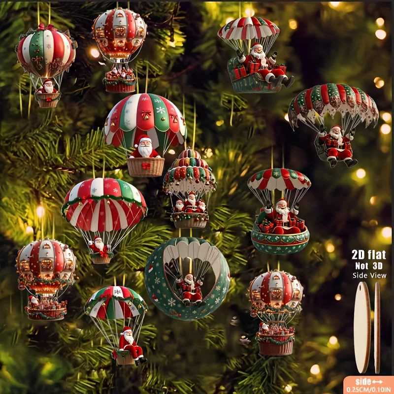 12pcs Christmas Tree 2D Wooden Hanging Decoration Set with Mobile Santa Claus and Hot Air BalloonXmas Perfect Holiday Gift Deco C251024