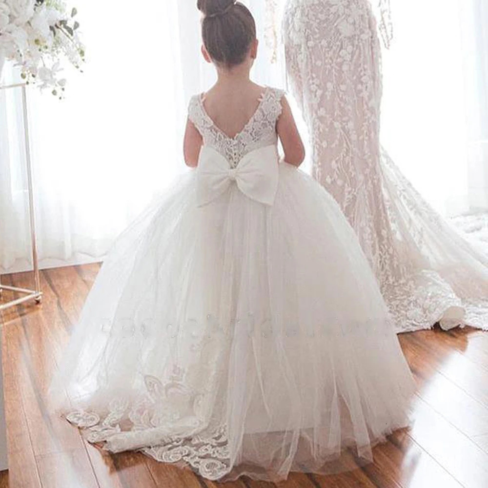 White Bridesmaid Dress For Girls Lace Big Bow Flower Girl Dresses Ball Gown Kids Wedding Party Pageant First Communion Gown 251023