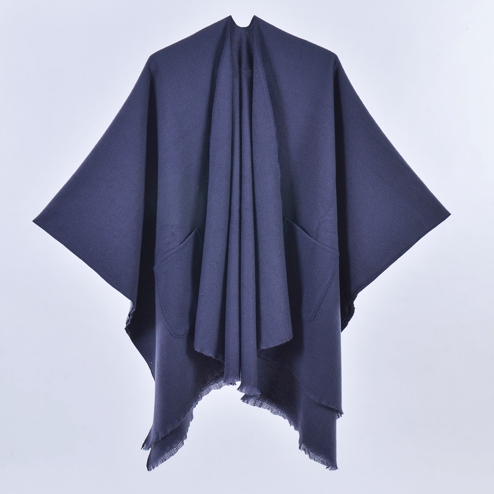 New Solid Color Pocket Shawl for Women Versatile Tassel Split Cape Travel Outerwear Warm Cardigan
