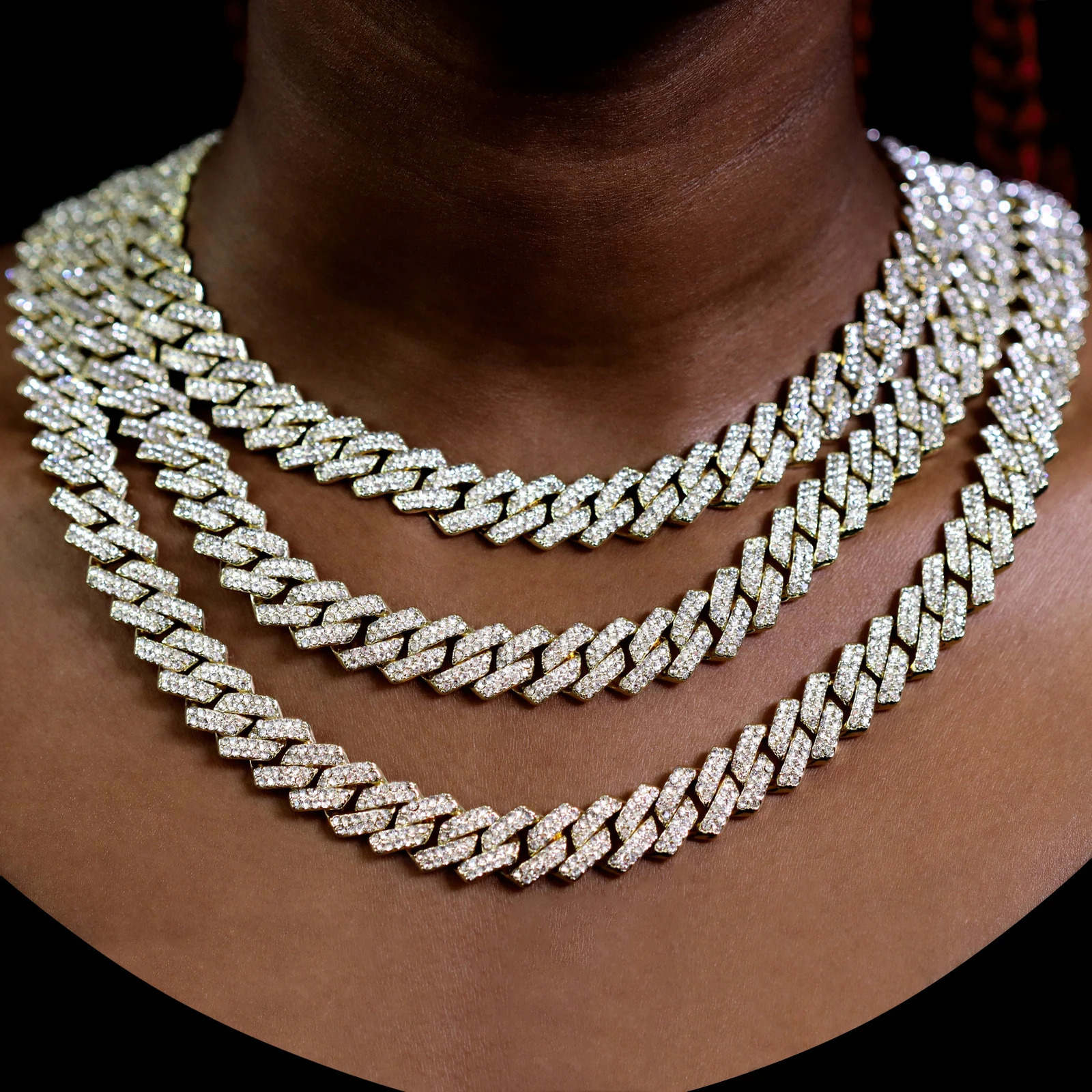161824inch Gold Color Cuban Link Chain for Women Men 2 Row Rhinestone Rhombus Prong Cuban Necklaces Hip Hop Jewelry 251013
