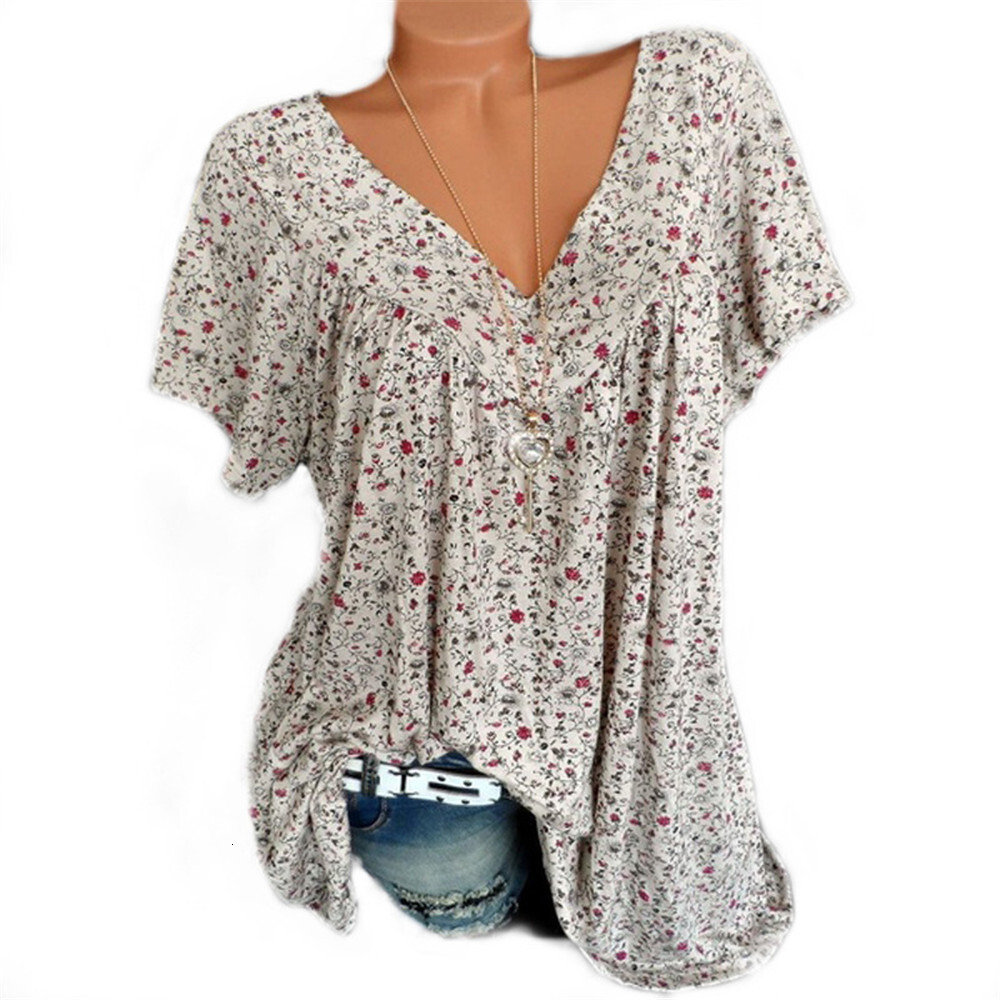 New Women's Fashion 2025 Summer V-neck Loose Short Sleeve Printed T-shirt