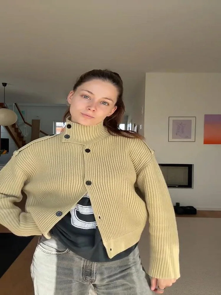 Knitted Womens Cardigan Stand Collar Full Sleeve SingleBreasted Solif Female Cardigans Autumn Fashion Chic Lady Outwears 251021