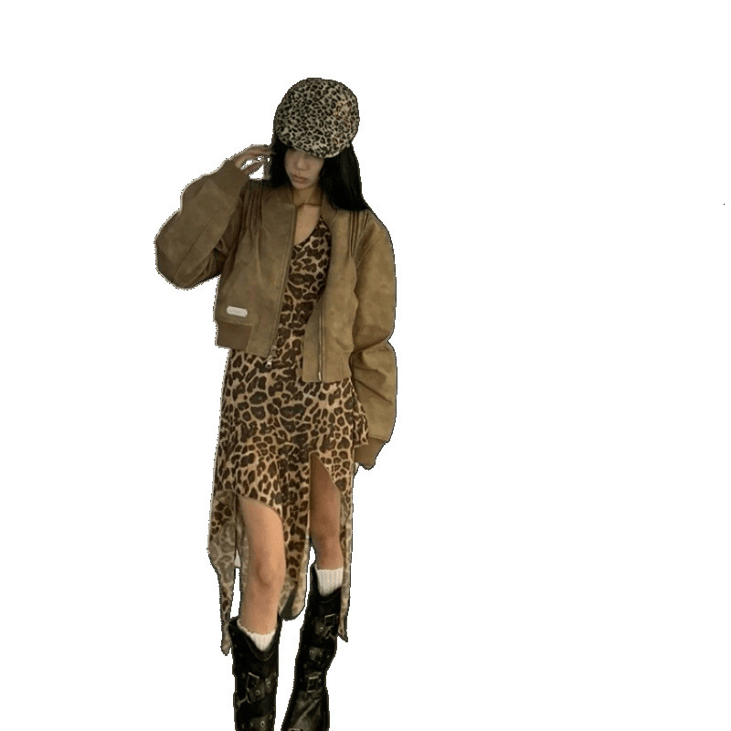 Plus size American style new spicy girl leopard print irregular dress, summer niche designer backless backless design, suspender short skirt