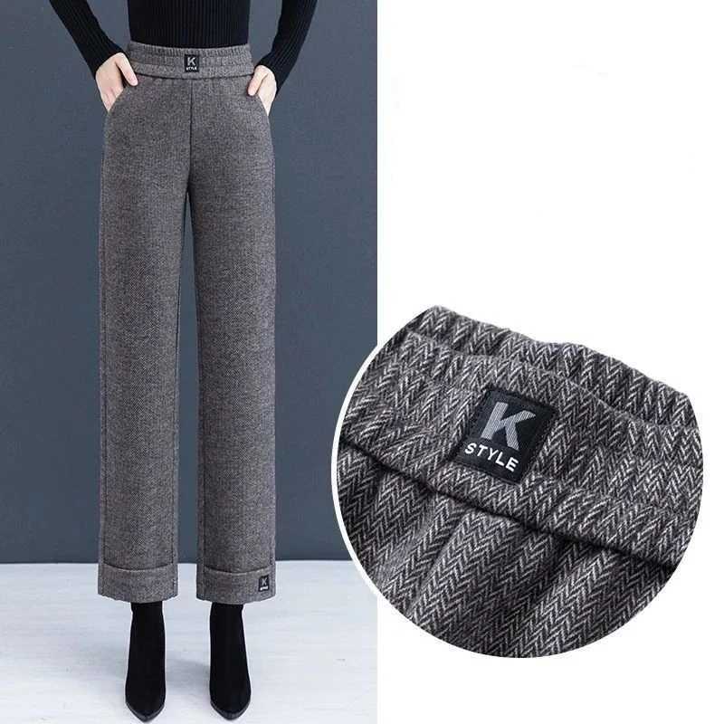 Simplicity Fashion Autumn Winter Woolen Pants Women Solid Pockets High Waist Plus Velvet Straight Wide Leg Ankle Length TrousersT251025